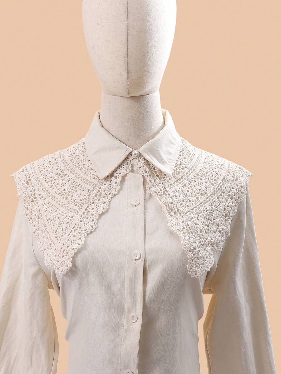 1 件女士纯色镂空仿珍珠装饰和甜美彼得潘领和花卉边缘针织装饰披肩适合日常穿着 - 杏色 - 查看 1