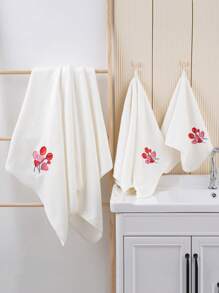 1pc Coral Fleece Solid Color Heart/Love Embroidery Bath Towel Or Hand Towel, Super Absorbent Microfiber, Romantic Gift For Couples, Wedding Decoration