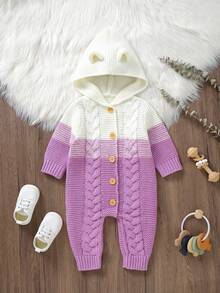 Baby Girls' Cute Soft Warm Color Block Cable Knitted Jumpsuit With Hooded, Ideal For Casual, Vacation, Outdoors - Purple - View 5
