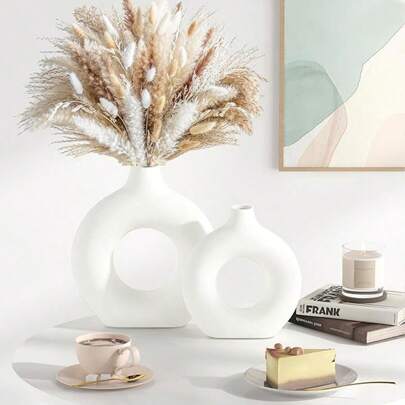 北欧风甜美花瓶，圆形花卉套装，干花仿真，家居摆设，软装装饰，房间装饰，创意甜甜圈花瓶，客厅装饰，桌面花瓶，茶几花瓶，餐桌花瓶，电视柜花瓶