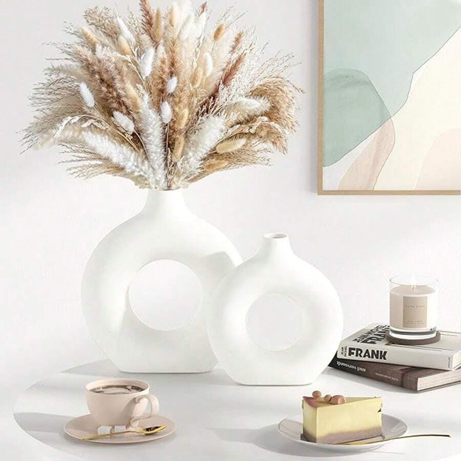 北欧风甜美花瓶，圆形花卉套装，干花仿真，家居摆设，软装装饰，房间装饰，创意甜甜圈花瓶，客厅装饰，桌面花瓶，茶几花瓶，餐桌花瓶，电视柜花瓶 - 白色 - 查看 1