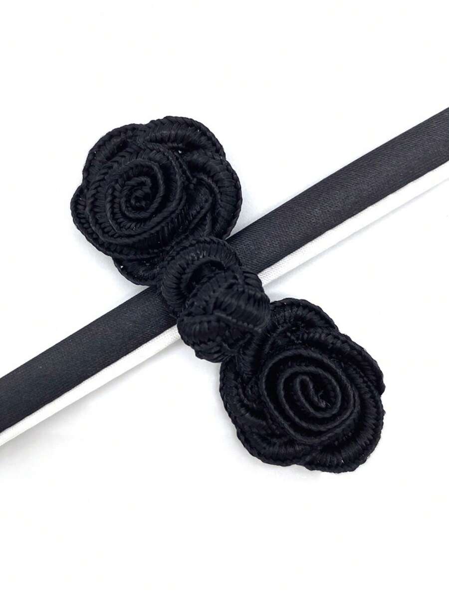 5入組古典手工納龍製玫瑰花形裝飾扣,適用於服裝、旗袍等 - 黑色 - 查看 1
