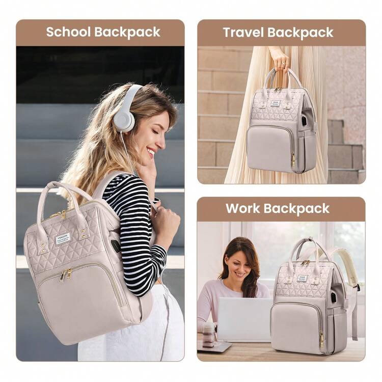 VSNOON Laptop Backpack For Women,15.6 Inch Stylish Rucksack Wide Open, College School Backpack With USB Charging Port, Water Resistant Travel Business Work Bag Computer Bookbag For Men - 淺粉色 - 查看 7