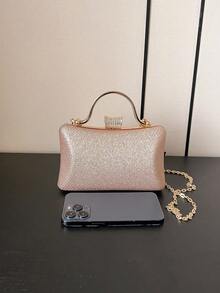1個女款金鏈帶閃爍亮粉硬盒肩背、手提、斜跨包,適用於口紅、化妝品、正式晚宴、派對、夜店、酒吧、節慶慶典 - 金色 - 查看 3