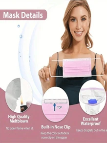 100/50入組粉色成人一次性口罩，3層防護口罩，防塵口罩，個別包裝便攜式口罩 - 粉色 - 查看 2