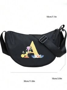 彩色對比斜跨包,花卉字母印花肩袋,時尚尼龍腋下小包,女士拉鍊手提袋,花卉字母印花肩袋,時尚尼龍腋下包,女士拉鍊手提袋和小錢包 - 黑色 - 查看 7