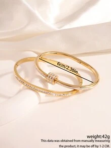 2 Pcs Simple Fashion Light Luxury Stainless Steel Single Row Drill Rotating Bracelet Suitable For Women's Daily Wear - Gold - View 5