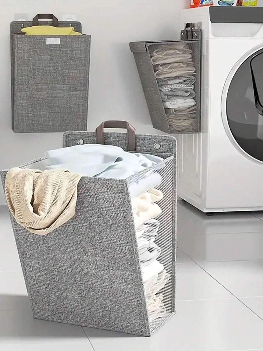 1入掛壁式洗衣籃,髒衣物儲物籃,家用折疊式洗衣籃,適用於浴室,臥室,客廳,家庭整理 - 灰色 - 查看 1