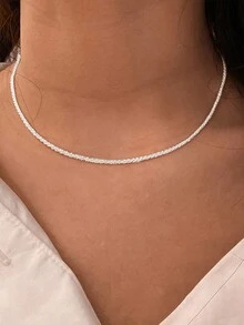1pc Shinny & Minimalist Girls' Necklace With Simple Ins Style, Collarbone Chain, College Style - Silver - View 4