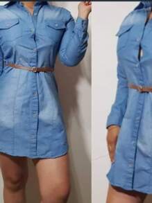 Vestido de mezclilla manga larga - Azul - Ver 1