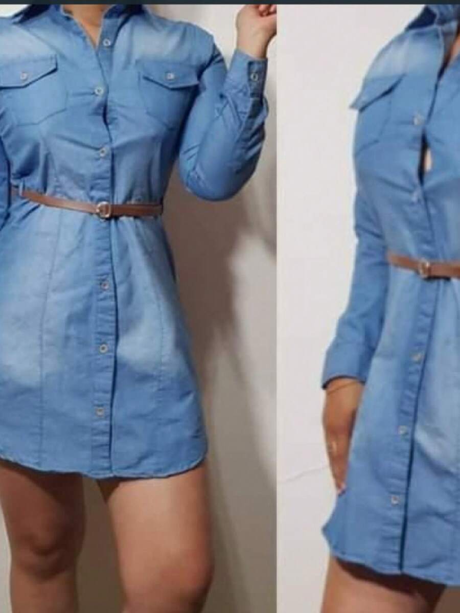 Vestido de mezclilla manga larga - Azul - Ver 1