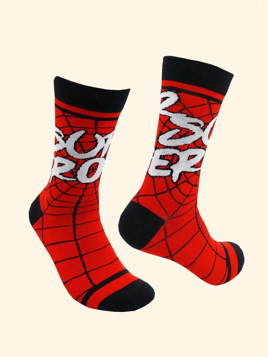 1pair Men Spiders Web Graphic Mid-Calf Socks - Black - View 1