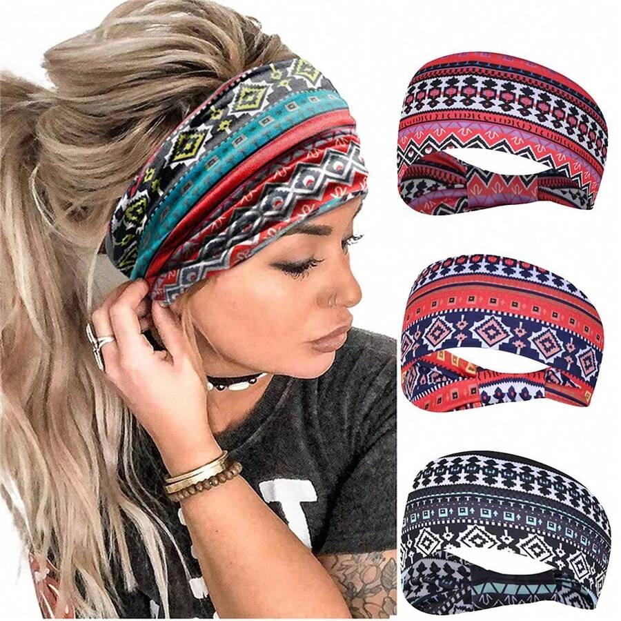 1pc Fashionable Printed Elastic Sports Headband With Knot Wide Band For Women, Running, Yoga - 5# - View 1