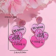1副玫瑰紅色心形設計be Mine U R Cute Love U印花掛式耳環trio耳環可愛風格情人節禮物 - 粉色 - 查看 4