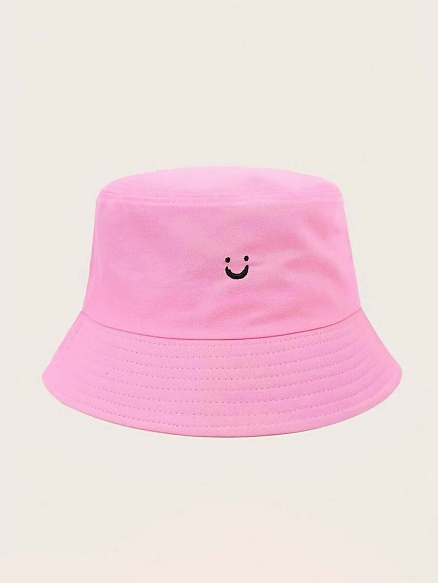 Spring/Summer Outdoor Sun Hat For Women Men, Couples Unisex Smiling Face Printed Bucket Hat, Travel Beach Vacation Cap - Hot Pink - View 1