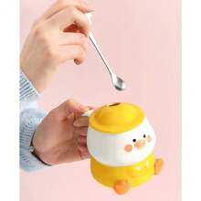 Cute 3D Duck Coffee Mug,Funny Duck Ceramic Coffee Cup With Hat Lid And Lovely Flower Spoon,Suit For Mug Warmer,Novelty Morning Mug Christmas Birthday Present For Office Friends Women Girls - 黃色 - 查看 3