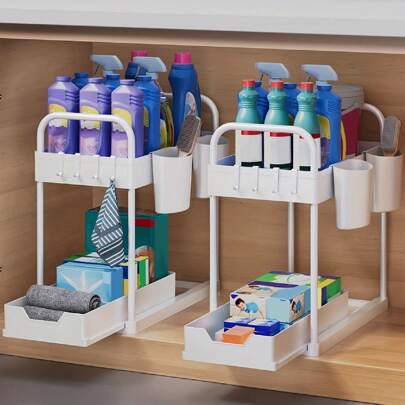 1pc Under Sink Organizers And Storage, 2-Tier Sliding Under Cabinet Bathroom Storage With Hooks, 1 Hanging Cup, Handles, Multi-Purpose Under Sink Organizer For Bathroom Kitchen, White Kitchen Items Kitchen Accessories Kitchen Tools