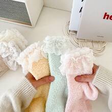 Winter New Arrival Thickened & Warm Coral Fleece Anti-Skid Socks With Lace, Girl Fleece Sleep Socks - Pink - View 6