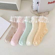 Winter New Arrival Thickened & Warm Coral Fleece Anti-Skid Socks With Lace, Girl Fleece Sleep Socks - Pink - View 8