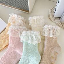 Winter New Arrival Thickened & Warm Coral Fleece Anti-Skid Socks With Lace, Girl Fleece Sleep Socks - Pink - View 9