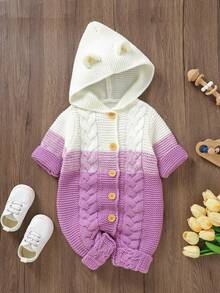 Baby Girls' Cute Soft Warm Color Block Cable Knitted Jumpsuit With Hooded, Ideal For Casual, Vacation, Outdoors - Purple - View 2