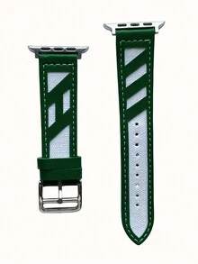 1pc Canvas Leather Watch Band Compatible With Apple Watch - Green - View 2
