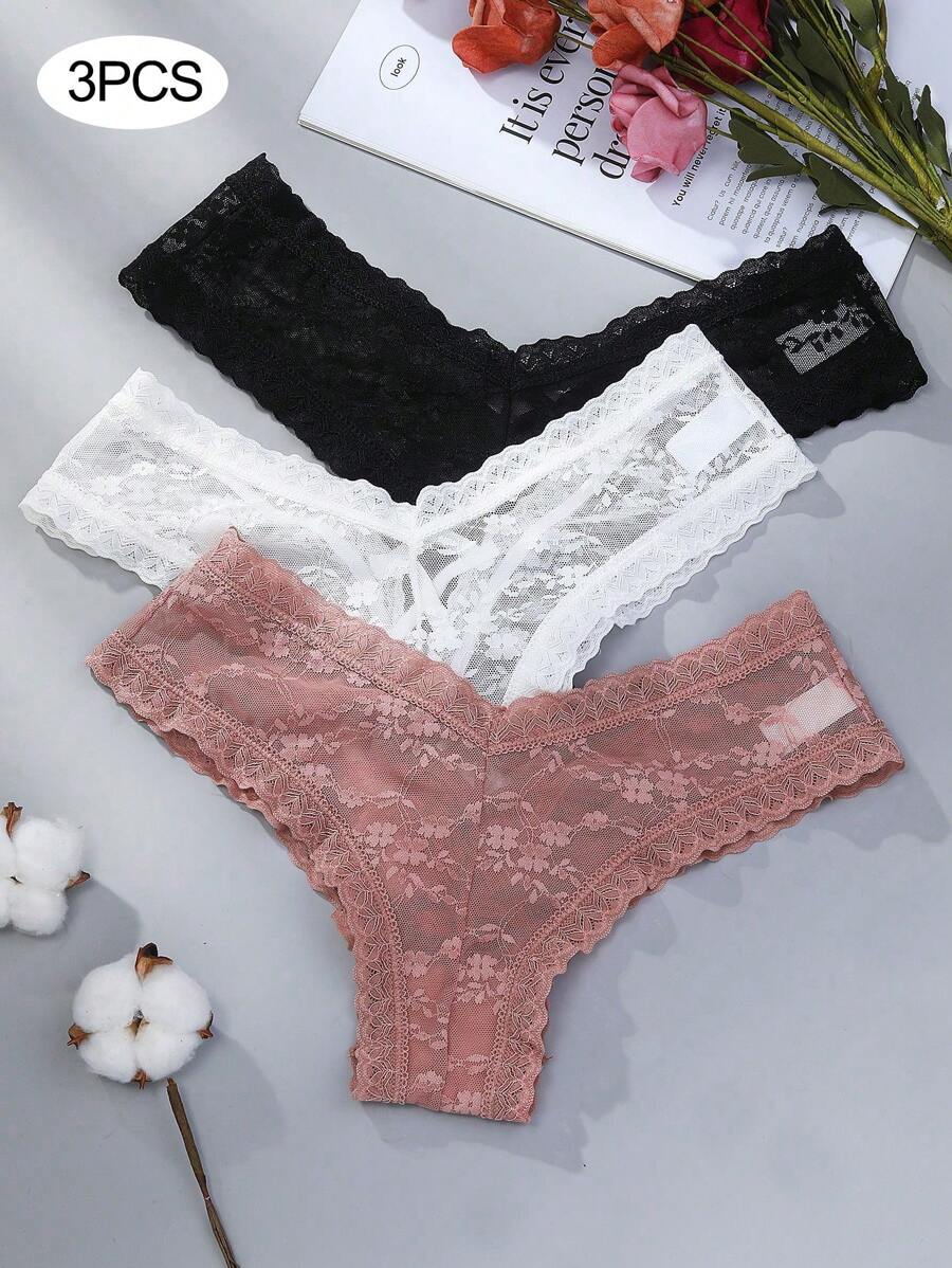 3 件装女士蕾丝花朵镂空性感丁字裤内衣 - 彩色 - 查看 1