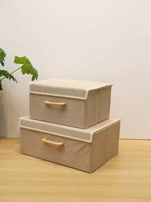 1 件纯色优质亚麻可折叠衣物收纳盒、衣柜整理盒、织物收纳箱、M/XL 尺寸，带前木手柄，方便抓取、抽屉式木手柄收纳盒、带双侧手柄，方便携带、大容量衣柜整理收纳盒 - 卡其色 - 查看 5