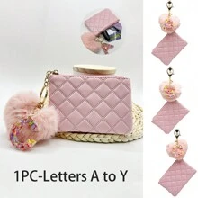 1入心形毛球字母鑰匙扣錢包便攜式旅行小拉鍊珠寶收納袋女性短式信用卡收納包大容量錢包字母首字母鑰匙扣可愛的毛絨絨鑰匙包包字母首字母A-Y情人節禮物熱粉紅色錢包 - 粉色 - 查看 1