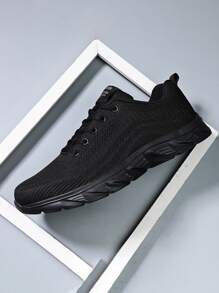 4 季男士大码休闲运动鞋 - 新款舒适透气网眼面料休闲步行鞋，时尚简约设计适合慢跑 - 黑色 - 查看 7