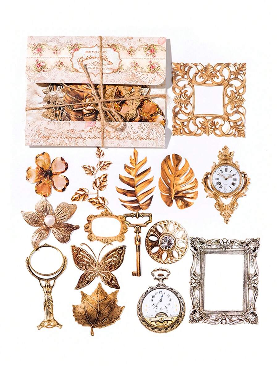 30pcs/PackFlower Skeleton Landscape PET 3D Gold Junk Journal Scrapbooking Decorative Craft Scrapbook Stickers 15design Partten - Army Green - View 1