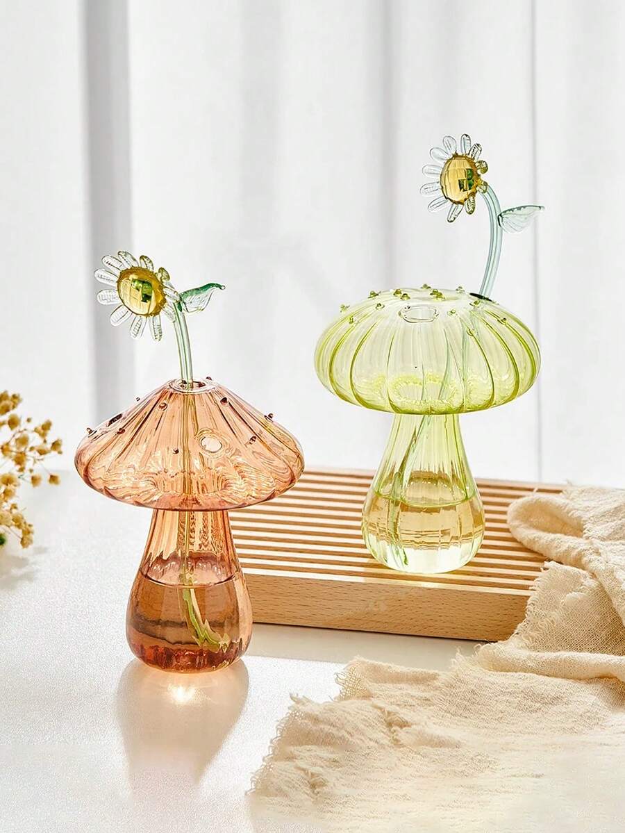 1入組北歐風格水培蘑菇造型瓶,窄口光澤半透明玻璃花瓶,適用於家庭辦公室客廳裝飾,創意植物瓶 - 綠色 - 查看 1