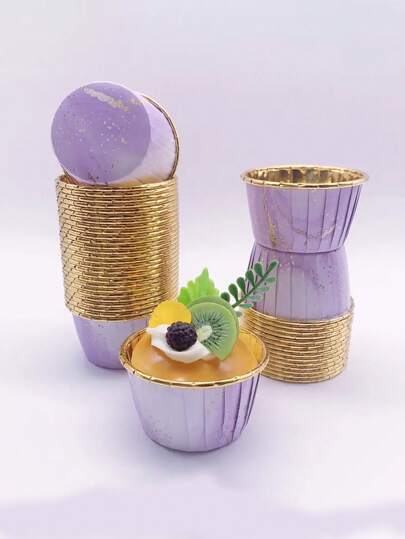 50/25 Marble Pattern Purple Cupcake Liners, High Temperature Resistant Aluminum Foil Rolled Edge Baking Cup, Suitable For Wedding Birthday Party, Baking Tools