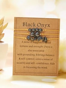 3 件石手鍊套裝：黃水晶、晶和混合石串珠手鍊,配有手工編織銅珠 - 黑色 - 查看 4