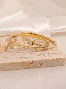 2 Pcs Simple Fashion Light Luxury Stainless Steel Single Row Drill Rotating Bracelet Suitable For Women's Daily Wear - Gold - View 3