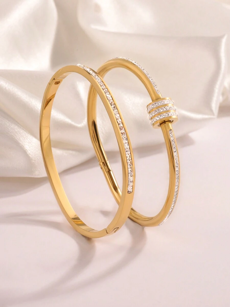 2 Pcs Simple Fashion Light Luxury Stainless Steel Single Row Drill Rotating Bracelet Suitable For Women's Daily Wear