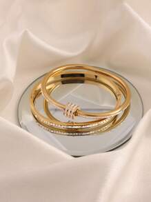 2 Pcs Simple Fashion Light Luxury Stainless Steel Single Row Drill Rotating Bracelet Suitable For Women's Daily Wear - Gold - View 4