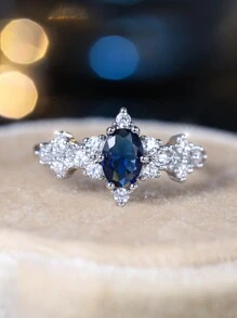 Vanel 1pc Exquisite Promise Ring, Set With Aqua Blue Cubic Zirconia, Women's Engagement Wedding Ring, Multiple Sizes Available, Gift For Her - Blue - View 3