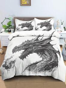 3入組龍紋套裝床上用品,柔軟舒適的聚酯纖維床單,適用於臥室、客房（包含：1*床罩+2*枕套,不含床心） - 黑與白 - 查看 6