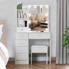 Vanity Desk With Mirror And Stool And Adjustable Lights, Makeup Vanity With Drawers And Chair, White Dressing Table For Girls,Makeup Vanity Table For Bedroom - White - View 1