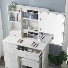Vanity Desk With Mirror And Stool And Adjustable Lights, Makeup Vanity With Drawers And Chair, White Dressing Table For Girls,Makeup Vanity Table For Bedroom - White - View 9