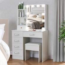 Vanity Desk With Mirror And Stool And Adjustable Lights, Makeup Vanity With Drawers And Chair, White Dressing Table For Girls,Makeup Vanity Table For Bedroom - White - View 2