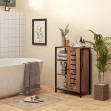 kleankin Meuble de salle de bain sur pied, meuble de rangement, design industriel, structure en acier, 3 étagères ouvertes, placard à 2 niveaux, porte à lamelles, 60 x 30 x 85 cm, marron rustique - Marron - Voir 6