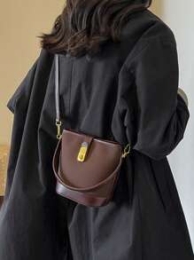 1PC Fashionable Coffee Suede PU Patchwork Buckle Handbag With Bucket Strap, Long Shoulder Strap, Zipper, Women's Crossbody Bag - Coffee Brown - View 4