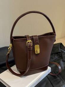 1PC Fashionable Coffee Suede PU Patchwork Buckle Handbag With Bucket Strap, Long Shoulder Strap, Zipper, Women's Crossbody Bag - Coffee Brown - View 1