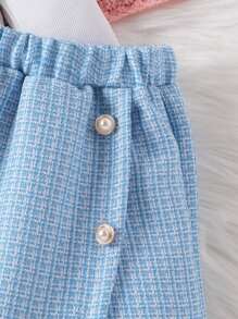 Young Girls' Soft & Comfortable Fall/Winter Sweet Outfit Set With Ruffled Solid Color T-Shirt And Buttoned Woolen Skort - Multicolor - View 4