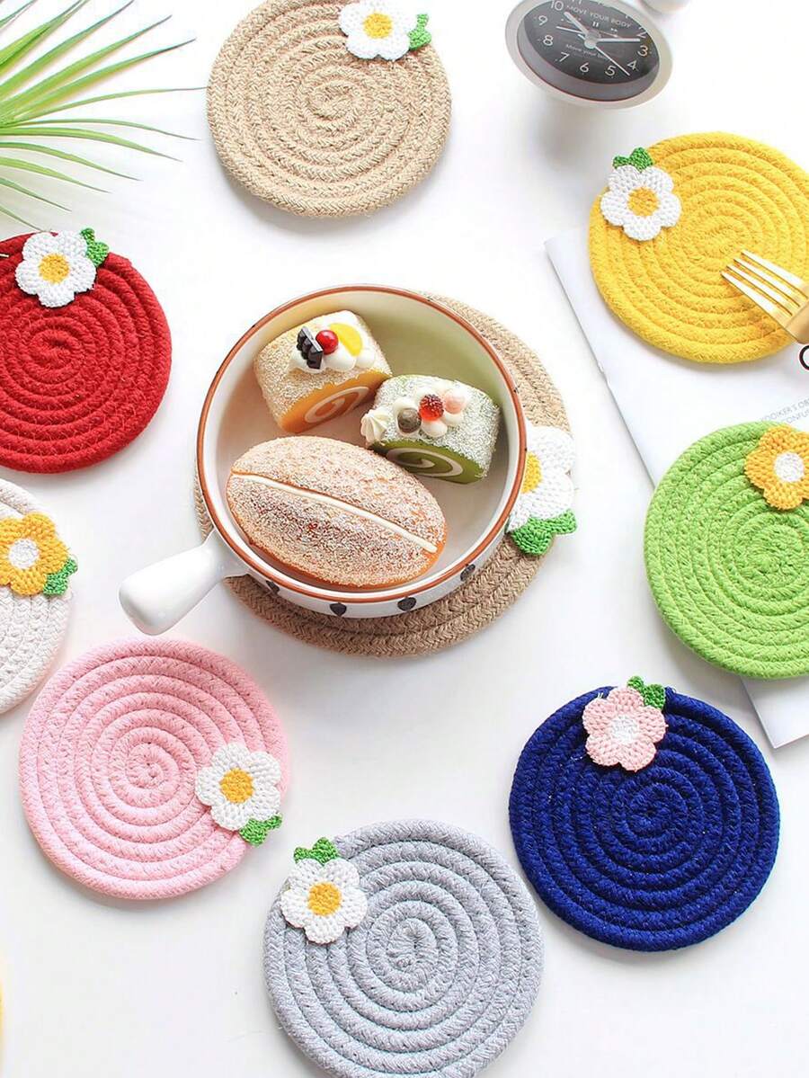 1入可愛花卉圖案杯墊,編織繩簡約耐高溫墊,隨機發送 - 彩色 - 查看 1