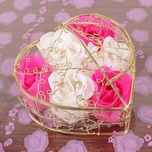 6pcs Heart-Shaped Rose Soap Flowers In A Hollow Iron Basket For Wedding Decoration, Birthday, And Gift - Multicolor - View 21