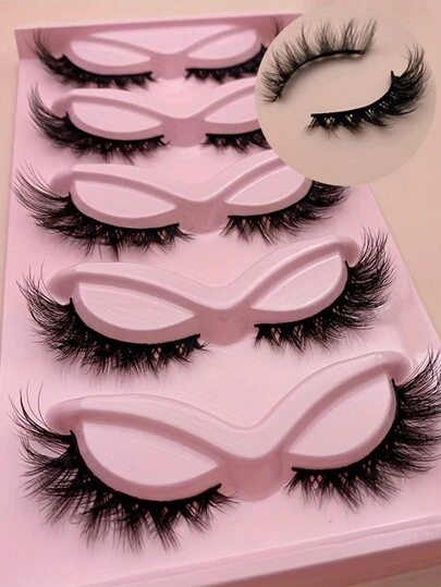 5pairs Fox Eye Lashes Winged Short Strip Lashes Makeup Natural Cat Eye Lashes 3D Faux Mink False Eyelashes Strip Lashes,Lashes,Eyelashes,Fake Lashes