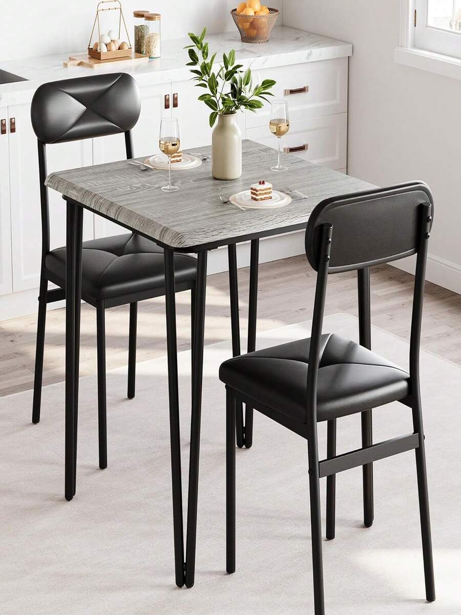 Dining Table Set For 2, Kitchen Table And Chairs, Square Dining Room Table Set With 2 Upholstered Chairs, 3 Piece Kitchen Table Set For Small Space, Apartment - Grey - View 1